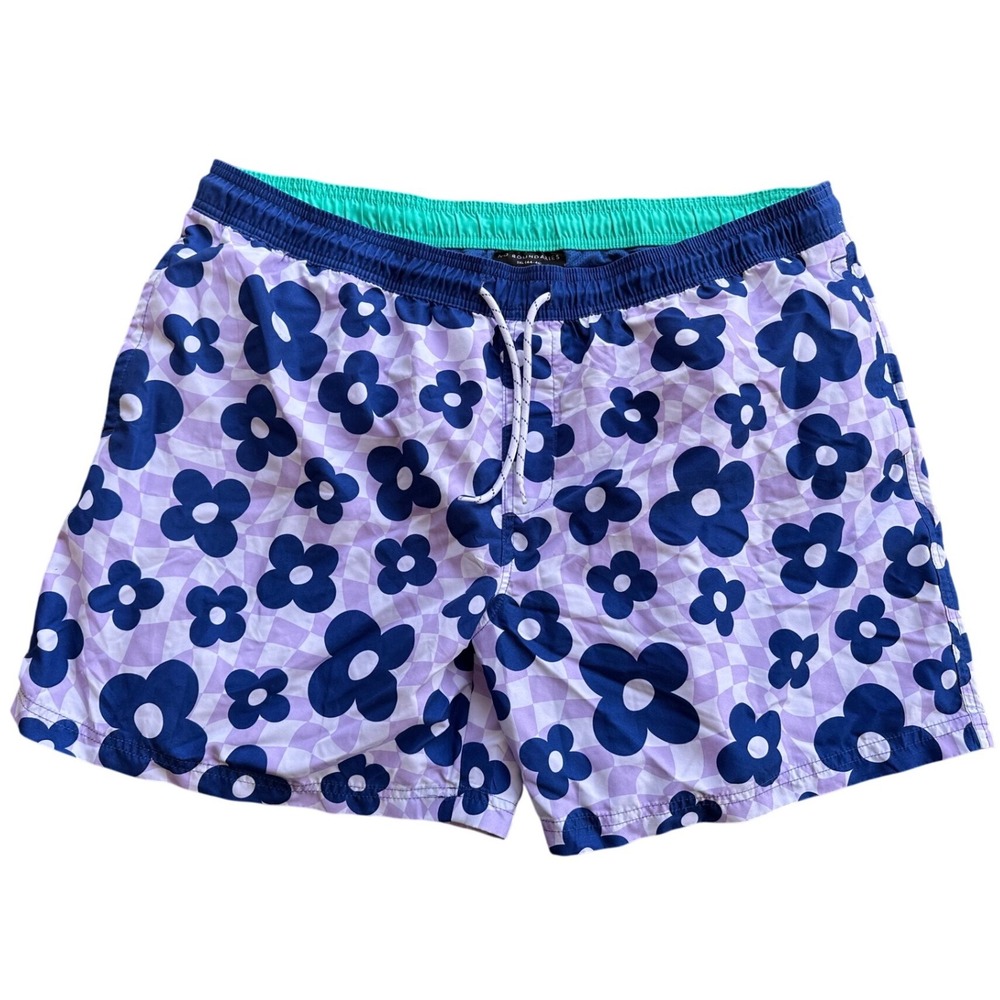 Mens Floral Checkerboard Swim Trunks‎ Purple Blue Board Shorts Drawstring Waist